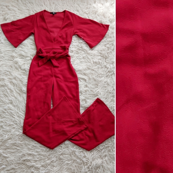 Missguided Pants - Missguided Red Plunge Kimono Sleeve Jumpsuit